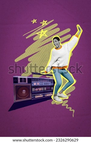 Creative trend collage of funny afro american young lady dancing having fun boombox party music weird freak bizarre unusual fantasy