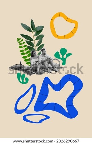 Creative drawing collage picture of young couple date celebrate anniversary picnic enjoy summer vacation valentine day romance green leaves