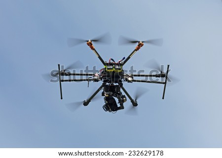 RC helicopter (multicopter or drone) with a camera in the sky