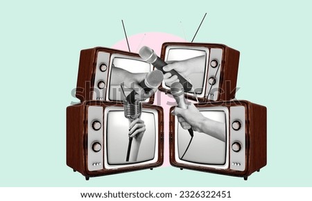 Collage of retro TVs and a human hand with microphone