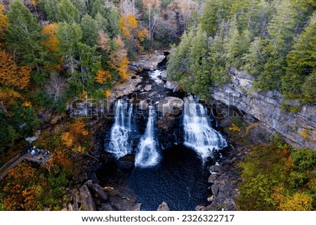 An aerial view of Blackwater Falls in a forest, Davis, West Virginia, United States Royalty-Free Stock Photo #2326322717