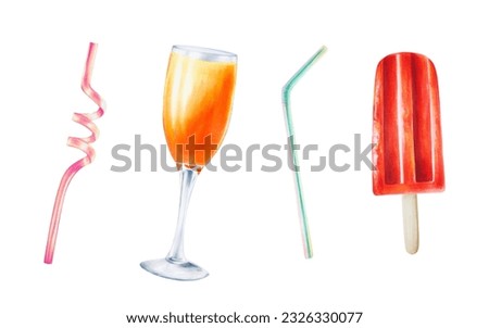 Watercolor set of illustrations of straws for cocktail, glass goblet with orange cocktail and ice creamisolated on white background. Hand painted tube for cocktails. For designers, spa decoration, pos