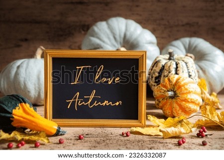 Autumn Pumpkin Decoration, Text I love Autumn, Golden Frame