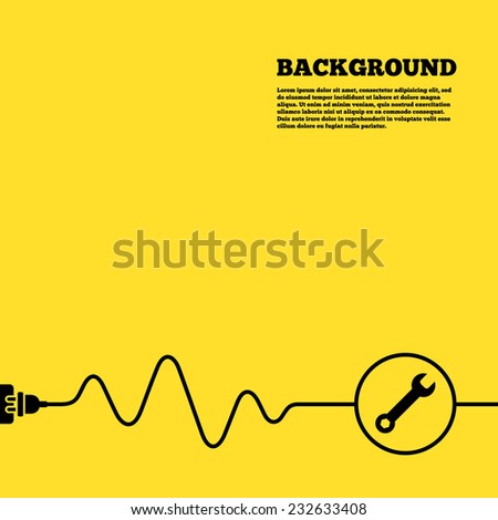Electric plug background. Wrench key sign icon. Service tool symbol. Yellow poster with black sign and cord. Vector