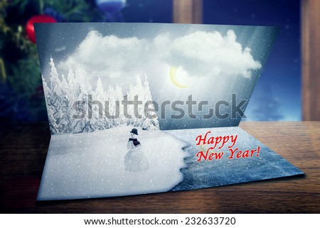Merry Christmas, new year nature lake ice landscape postcard with snowman. Happy holiday cold winter season greetings celebration event concept. Abstract screen saver wallpaper template background 
