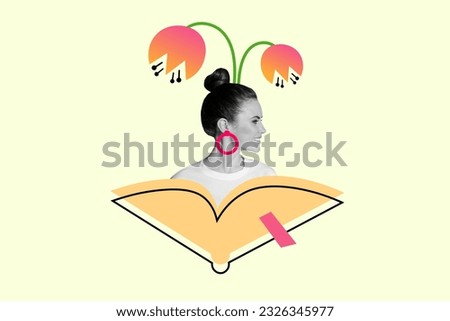Collage picture of side profile cadre charming lady posing looking beautiful reading bookmark literature isolated on beige background