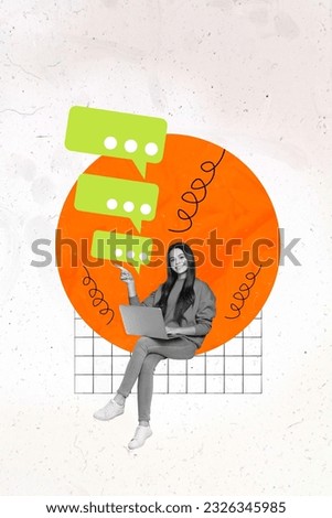 Magazine picture sketch collage image of happy smiling little girl texting modern device empty space isolated creative background