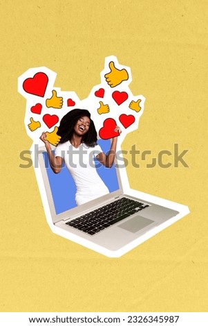 Vertical collage picture of excited mini girl inside netbook display hands hold like thumb up notification isolated on yellow background