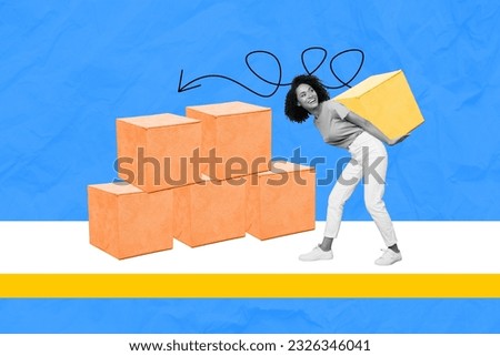 Collage picture of young woman carry holding carton package parcel courier delivery put boxes shipment isolated on blue color background