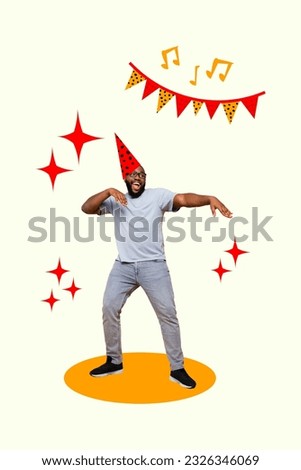 Vertical image greeting card collage of cheerful happy guy afro man celebrate birthday anniversary isolated on white color background