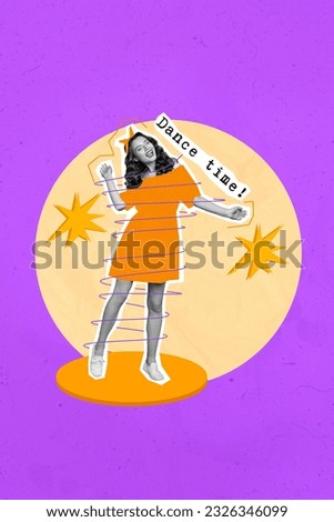 Photo cartoon comics sketch collage picture of carefree lady dancing having fun isolated purple color background