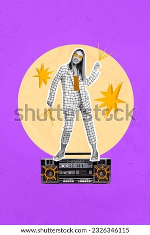 Collage 3d pinup pop retro sketch image of happy smiling lady listening boom box dancing isolated violet color background