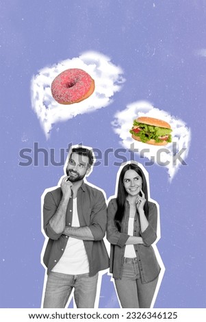 Two friends together collage picture artwork thinking minded dream order donut dessert and burger mcdonalds isolated on painted background