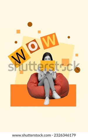Artwork picture sketch image collage of funky excited girl sit bean bag relax read detective story isolated on drawing color background