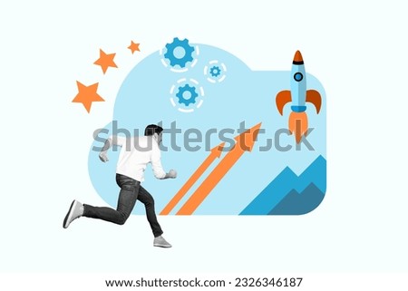 Picture collage 3d photo artwork of entrepreneur worker flight spaceship rocket progress concept invention isolated on drawing background