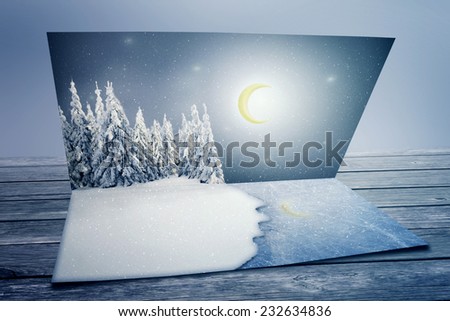 Merry christmas new year nature landscape postcard with lake ice. Happy holiday cold winter season greeting celebration event concept. Abstract screen saver wallpaper template background copy space 