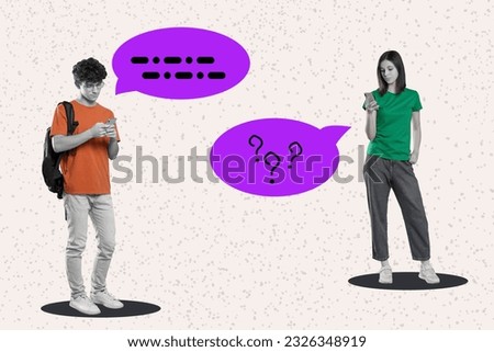 Dialogue, chatting. Photos of people using mobile phones and speech bubbles near them, collage design