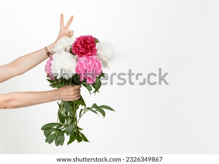 beautiful peonies in the hands of a girl on a white background close-up