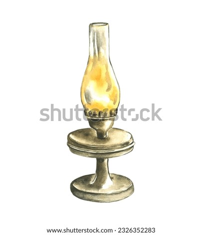 Watercolor old rusty kerosene lamp lit illustration. Hand drawn old-fashioned lantern burning. Retro rustic clipart element isolated on white background. For print, logo, banner, design.