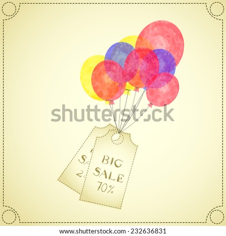 Vector watercolor sale discount label saying "Big sale" flying with colorful red, yellow and blue air balloon vintage style 