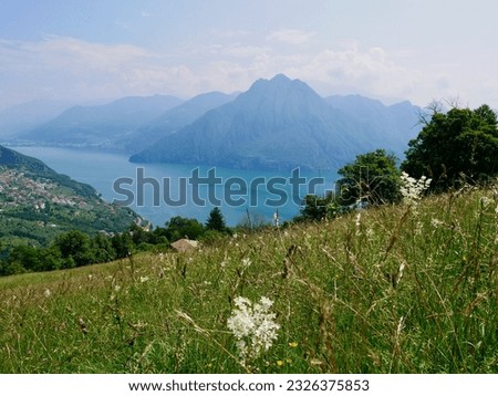 Panoramic view of Lago d'Iseo seen from Fonteno - Riva di Solto Big Bench, Lombardy, Italy. High quality photo Royalty-Free Stock Photo #2326375853