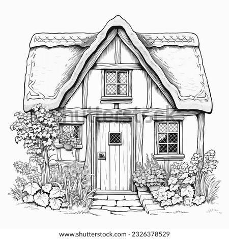 Cute English house black and white vector illustration for adult coloring. Retro style architecture cottage core style. Cozy home with chimney and roof scale. Line art medieval cottage. Detailed house Royalty-Free Stock Photo #2326378529