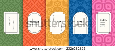 Vector geometric seamless pattern collection. Set of colourful background swatches with elegant minimal labels, frames, stickers. Abstract linear textures. Retro vintage design. Cute funky patterns