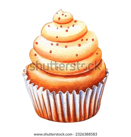 Watercolor sweet. pumpkin cupcake isolated on white background. Drawn by watercolor