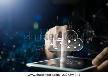 man use tablet and smartphone with cloud computing diagram show on hand. Cloud technology. Data storage. Networking and internet service concept.