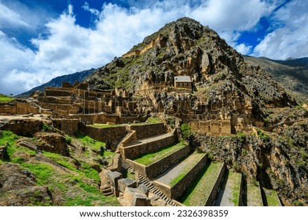 The Temple hill and terraces in Ollantaytambo, Sacred valley, Cusco, Peru. Ollantaytambo is a famous Inca archeological site. Royalty-Free Stock Photo #2326398359