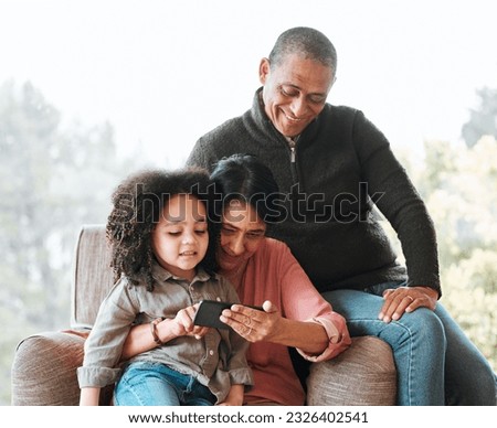 Grandparents, happy family and relax kid with cellphone for subscription movie, online gaming or scroll on child app. Home bond, phone or elderly people babysit grandson, watch media or cartoon video