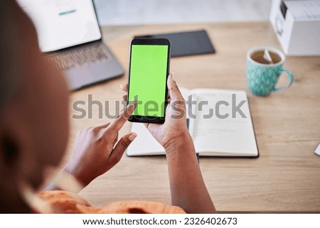 Phone, remote work or hands of woman with green screen on ui mockup display or cellular technology. Space, house or copywriter with cellphone for social media or online communication on mobile app