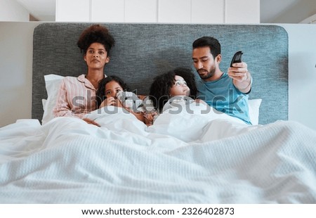 Bed, relax or family watch television show, home subscription movie or streaming morning film broadcast. Remote control, bedroom child love or people watching tv, bonding or change channel to cartoon