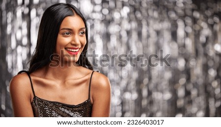 Makeup, smile and Indian woman in studio with glamour, cosmetics and glowing skin on blurred background. Face, beauty and happy female with luxury aesthetic, sparkle and cosmetology satisfaction Royalty-Free Stock Photo #2326403017