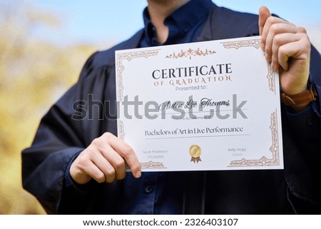 University, hands and closeup of a graduation certificate for success, achievement or goal. Scholarship, college and zoom of graduate, student or person holding degree or diploma scroll for education Royalty-Free Stock Photo #2326403107