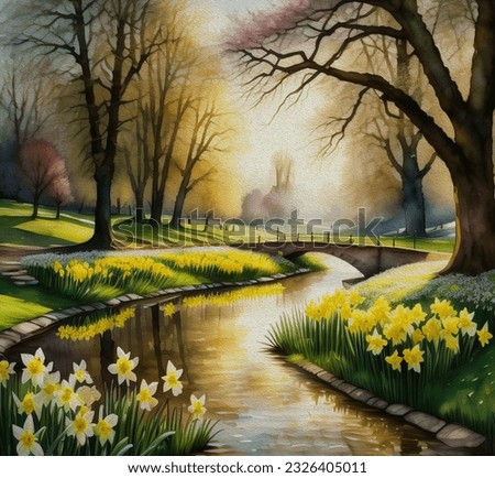 beautiful fresh spring morning landscape, daffodils by the stream in the Park and bright reflection, watercolor painting

