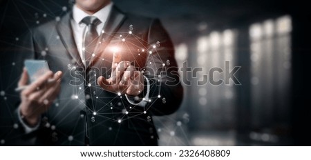 Businessman working online with electronic dollars on blurred backgrounds.