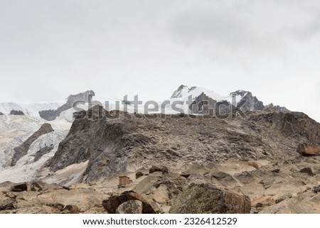 Panorama view with mountain summit Nordend (left) and Dufourspitze (right) in mountain massif Monte Rosa in Pennine Alps, Switzerland Royalty-Free Stock Photo #2326412529