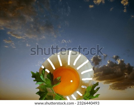 Fried chicken egg with greens in the form of the sun against the background of the morning sky with clouds.