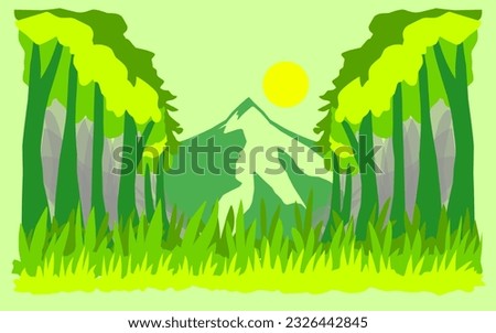 Landscape view of forest to mountain in simple illustration with dominant green color, hand drawn for background and poster