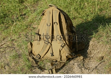one brown army backpack stands on gray ground and green grass in the street