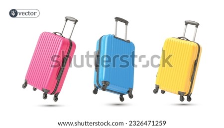 Yellow, blue and pink suitcase flying on white background. Suitcase plastic bag flying, creative journey concept, travel concept. 3d vector icon set Royalty-Free Stock Photo #2326471259