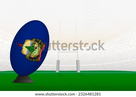 Vermont national team rugby ball on rugby stadium and goal posts, preparing for a penalty or free kick. Vector illustration.