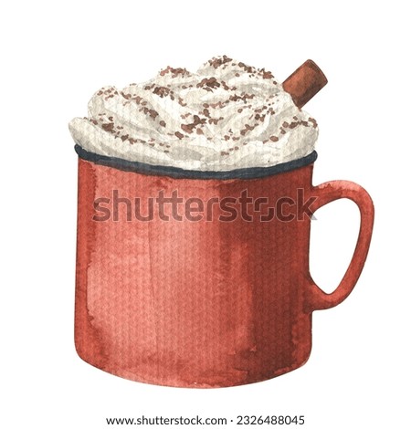 Cup with hot chocolate and cinnamon. Watercolor cozy drink clipart. Autumn coffee illustration. Christmas hot cocoa clip art. Seasonal cards, invitations, scrapbooking paper design.