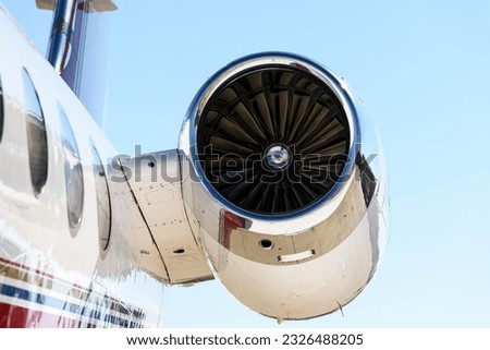 Incredible Close-Up of Jet Engine Power: Small Private Jet Airplane's Thrusting Propulsion in Stunning 4K Resolution Royalty-Free Stock Photo #2326488205