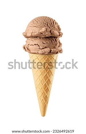 Two chocolate brown ice cream scoops served on a crispy waffle cone isolated on white background Royalty-Free Stock Photo #2326492619