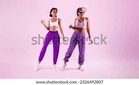 Fun dance moves in metaverse. Happy young african american woman in sportswear wearing vr glasses dancing as 3D avatar in virtual reality, purple studio background, panorama