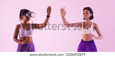 Getting into metaverse. Sporty young black woman playing virtual reality games as 3D avatar, interacting with immersive technology, using futuristic vr headset, purple studio background, panorama