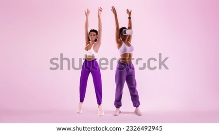 Futuristic vr entertainment. Young excited african american woman wearing ve headset stretching hands up as 3d avatar, enjoying modern technologies over purple background, full length