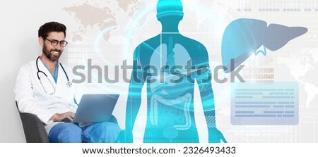 Telehealth. Cheerful millennial man doctor hepatologist working online, sitting in armchair, using laptop, double exposure with hologram of big human body and liver, collage, banner Royalty-Free Stock Photo #2326493433